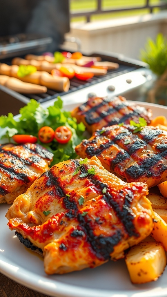 Juicy Grilled Chicken Thighs Juicy grilled chicken thighs on a plate with fresh herbs and a side of salad and grilled vegetables.
